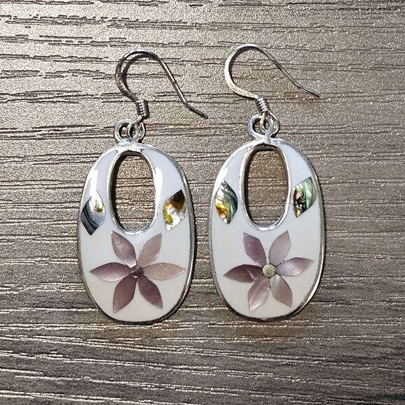 Vintage Alpaca Silver Dangle Earrings with Inlaid Mother of Pearl Flowers - Picture 1 of 6